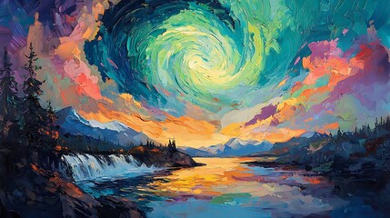 Whirlwind sky over mountain lake sunset