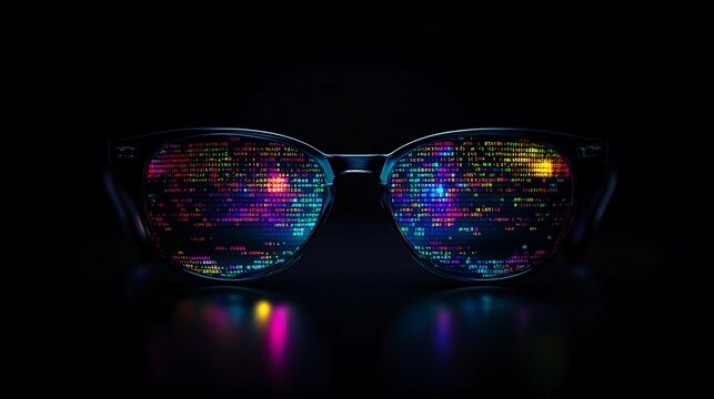 a screen with a dark-mode editor full of colorful code reflected in glasses creating a dramatic and engaging look, computer programming concept