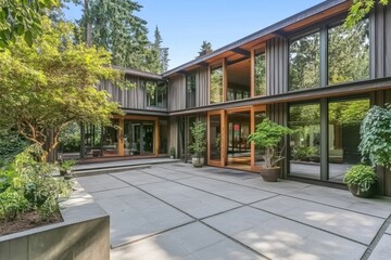 Modern architecture of a sleek home surrounded by lush greenery in a residential area showcasing large windows and an open courtyard on a bright sunny day