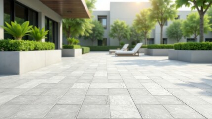 Obraz premium Serene Patio Landscape Tranquil Outdoor Space with Modern Building and Lush Greenery
