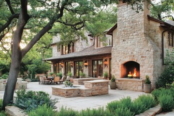 Fototapeta premium Elegant outdoor living space featuring a stone fireplace and lush landscaping in a tranquil residential setting at sunset