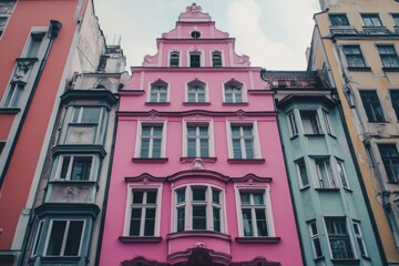 Obraz premium Colorful historic building in vibrant architecture located in a busy urban street during daytime, showcasing intricate details and lively surroundings