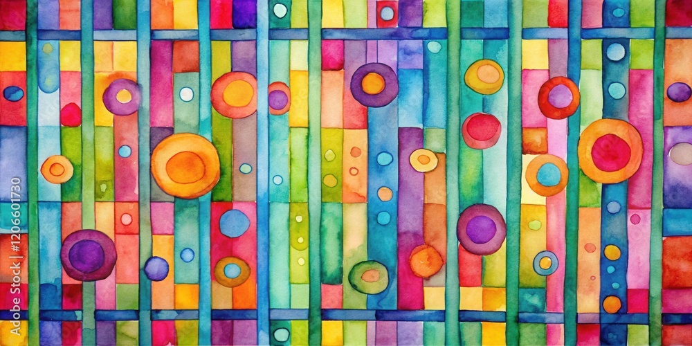 Wall mural vibrant watercolor abstract composition featuring interlocking geometric shapes and spheres in a ple
