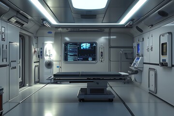 Futuristic medical facility with examination table and screens.