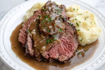 Top view of roast beef covered in demi glace gravy with mashed potatoes on white plate