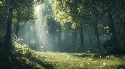 Obraz premium Tranquil Forest Scene with Tall Trees and Dappled Sunlight
