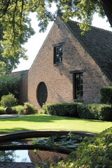 Beautiful garden view featuring a charming red brick house with a round door and serene pond, surrounded by lush greenery and vibrant plants in daylight