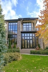 Fototapeta premium This contemporary residence features expansive windows that invite natural light, harmoniously set against a beautifully landscaped garden showcasing the vibrant colors of autumn.
