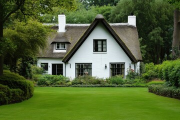 This enchanting thatched cottage is nestled amidst vibrant greenery, providing a serene and peaceful garden setting that captivates the senses