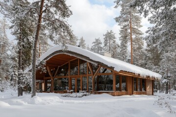 A delightful wooden cabin is beautifully situated in the serene landscape of a snowy forest during winter, blanketed by a gentle snowfall that softly envelops the property