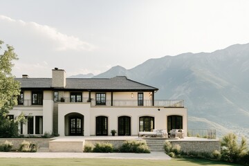 A stunning, contemporary house nestled amidst majestic mountains during twilight, featuring a cozy outdoor seating area that overlooks a tranquil and serene landscape