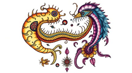 Two fantastical creatures intertwined, showcasing vibrant colors and intricate details.