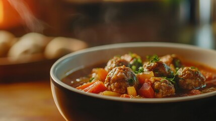 Close up photography of delicious meatball soup on a bowl