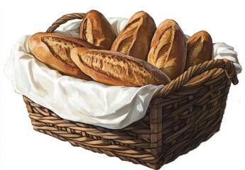 Obraz premium Freshly baked loaves of bread in a wicker basket.