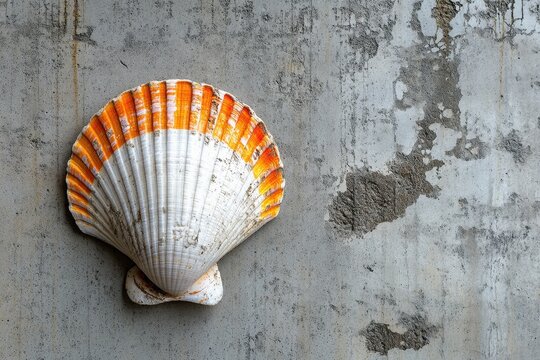 Large scallop shell with orange stripes rests on weathered concrete. Illustrates coastal themes, textures, and natural beauty.