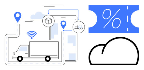 Delivery truck with GPS navigation, connected devices, cloud storage, and a digital discount voucher. Ideal for logistics, supply chain management, mobile technology, cloud services, digital