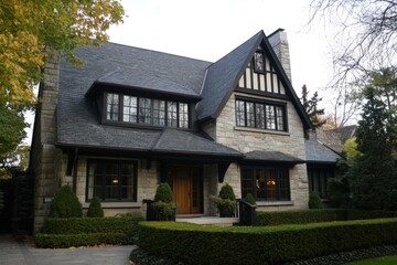 Beautiful stone house with a classic design surrounded by lush greenery in an upscale residential neighborhood during autumn