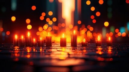Numerous burning candles arranged on a dark reflective surface against a blurred city night background. The warm glow of the candles evokes a mood of mystery and hope.