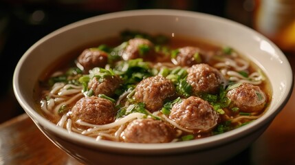 Delicious meatball soup on a bowl with wooden table