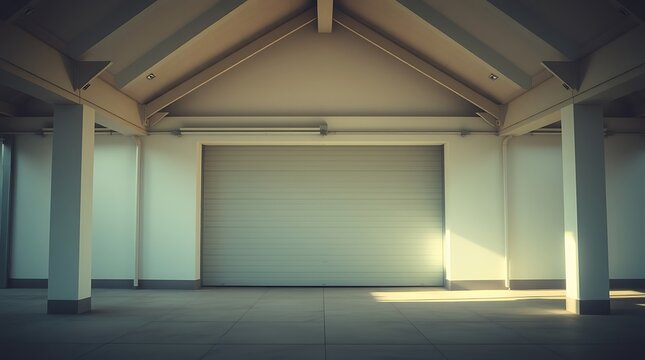 Sunlit modern garage with closed roll-up door.