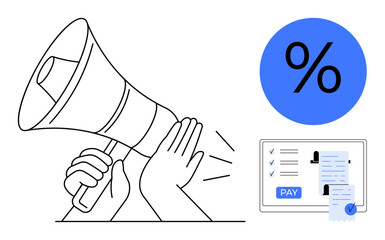 Megaphone, percentage sign, and online payment bill with PAY button represent marketing, discounts, and financial transactions. Ideal for advertising, sales, e-commerce, banking promotions payment