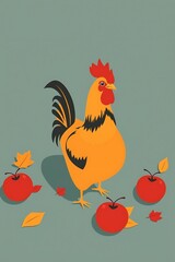 Rooster standing amidst autumn apples and leaves.
