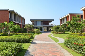 Modern brick pathway leads to a luxury house. Shows upscale residential development, ideal for real estate ads.
