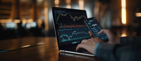 A person is using a laptop and a cell phone to look at stock market data