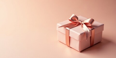 A delicately tied rose gold ribbon adorns a blush-colored gift box, presented on a soft, complementary backdrop, perfect for celebratory occasions.