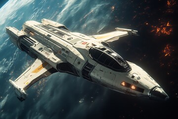 Fototapeta premium A futuristic spaceship gliding through space above a planet.