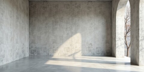 Sunlit Minimalist Concrete Room with Archway and Distant Trees