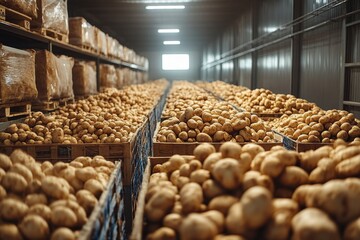 Rows of potatoes in crates fill a warehouse. Image depicts large-scale potato storage and distribution.