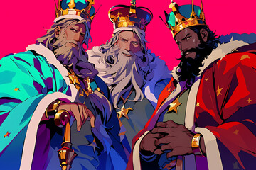 Fototapeta premium Three regal kings adorned in vibrant robes and crowns, set against a bold pink backdrop, exuding authority