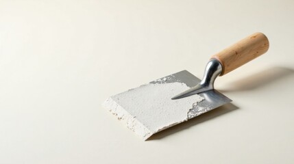 A small metal putty knife with a wooden handle displays a sample of off-white plaster compound