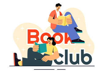 Book Club Vector Illustration featuring a Group of Men and Women Reading Together, Sharing Literature, and Fostering Education and Self-Development