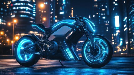 Fototapeta premium Futuristic Neon Motorcycle in City Nightscape