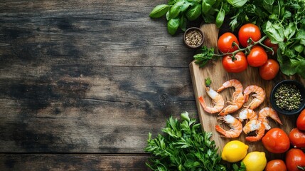 Fresh shrimps, tomatoes, herbs on wood. Perfect for cooking blogs, recipe websites, or food packaging.