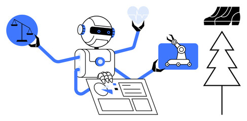 Robot with multiple arms holding a scale of justice, a heart, and a robotic arm while analyzing data on a screen. Ideal for AI, automation, technology, healthcare, justice, data management robotics