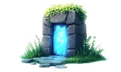 Mystical stone portal, glowing blue, fantasy game asset