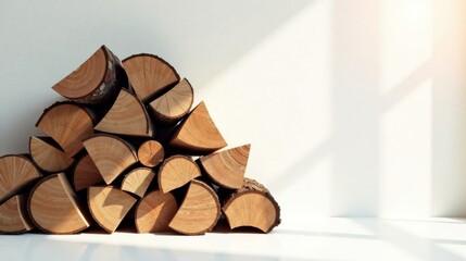 A neatly stacked pile of fire wood logs, sunlit against a white wall, ready for winter