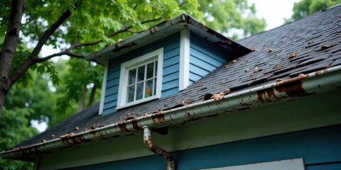 Rustic charm, weathered elegance a close-up view of a home's aged dormer window and decaying roofline, showcasing the passage of time and the beauty of natural decay