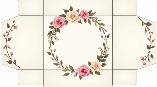 Elegant Floral Envelope Template Design with a Circular Wreath of Roses and Buds