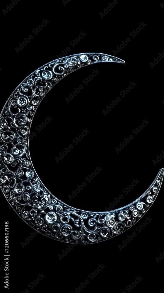 Wall mural ornate crescent moon design with intricate patterns and glittering textures on a black background
