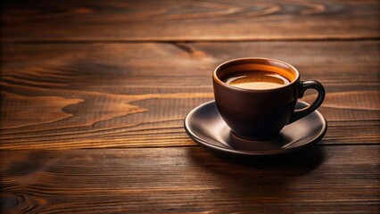 Aromatic Espresso in Dark Brown Cup on Rustic Wooden Table
