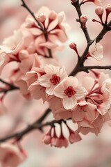 Obraz premium Delicate pink cherry blossoms in full bloom on a branch.