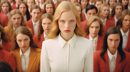 Fototapeta premium A mass of people, a huge crowd and a close up view of a young a young beautiful girl who stands out, stand out from the crowd, be different and respect differences. Generative AI