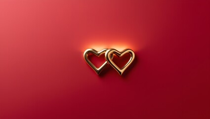 Sleek Valentine's Day background featuring a crimson red base with two glowing intertwined golden hearts at the center. Clean and romantic design with empty space for versatility.