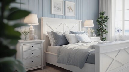 Elegant white bedroom interior in new england style with classic furniture, cozy bed, and minimalist decor in neutral tones
