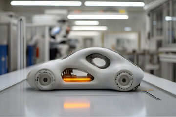 Futuristic car model on a production line, showcasing innovative design and technology.  Clean, sleek lines highlight advanced manufacturing.