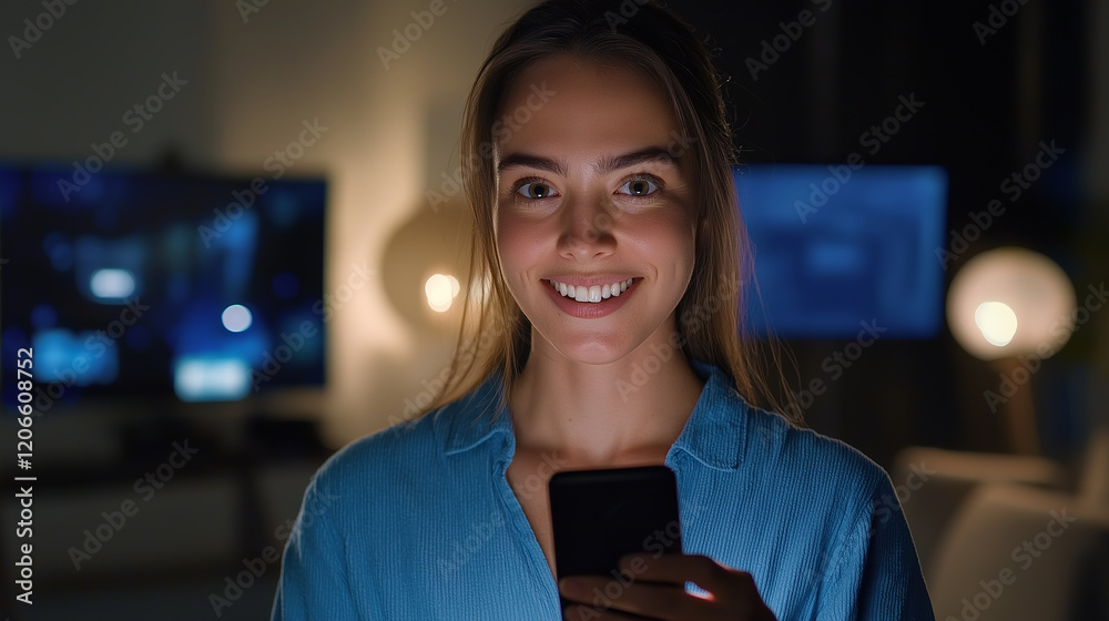 Leinwandbilder smiling businesswoman using smartphone at night with computer screens in background
